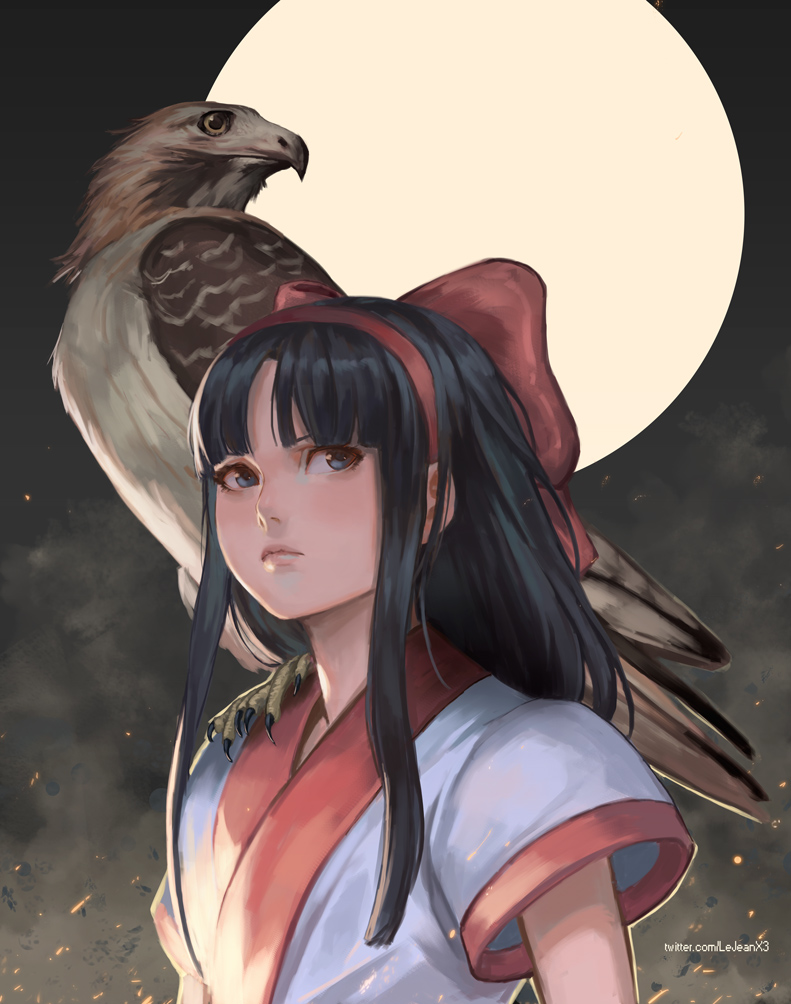 1girl ainu_clothes animal animal_on_shoulder bird bird_on_shoulder black_hair blue_eyes bow flat_chest full_moon hair_bow hairband hawk hime_cut lips mamahaha moon nakoruru nose realistic red_bow red_hairband rejean_dubois samurai_spirits sidelocks solo_focus