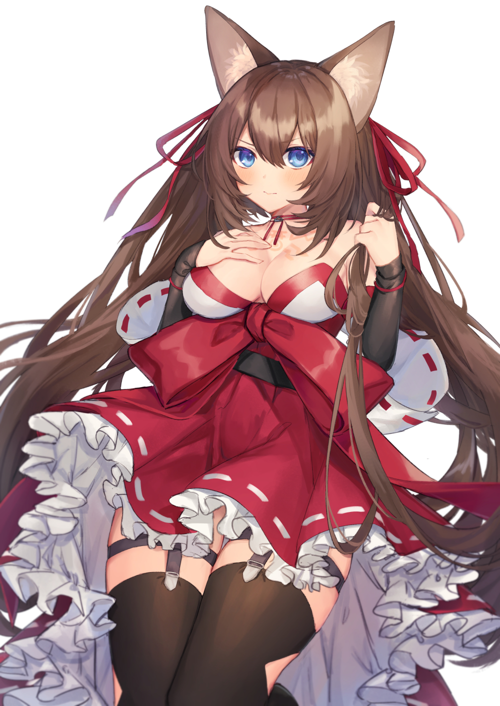 .com_(cu_105) 1girl animal_ear_fluff animal_ears bangs black_sleeves blue_eyes blush brown_hair brown_legwear character_request commentary_request detached_sleeves eyebrows_visible_through_hair frilled_skirt frills hair_between_eyes hair_ribbon hands_up highres holding holding_hair long_hair long_sleeves looking_at_viewer red_ribbon red_skirt ribbon ribbon-trimmed_skirt ribbon-trimmed_sleeves ribbon_trim simple_background skirt solo star_ocean star_ocean_anamnesis thigh-highs v-shaped_eyebrows very_long_hair white_background white_sleeves wide_sleeves