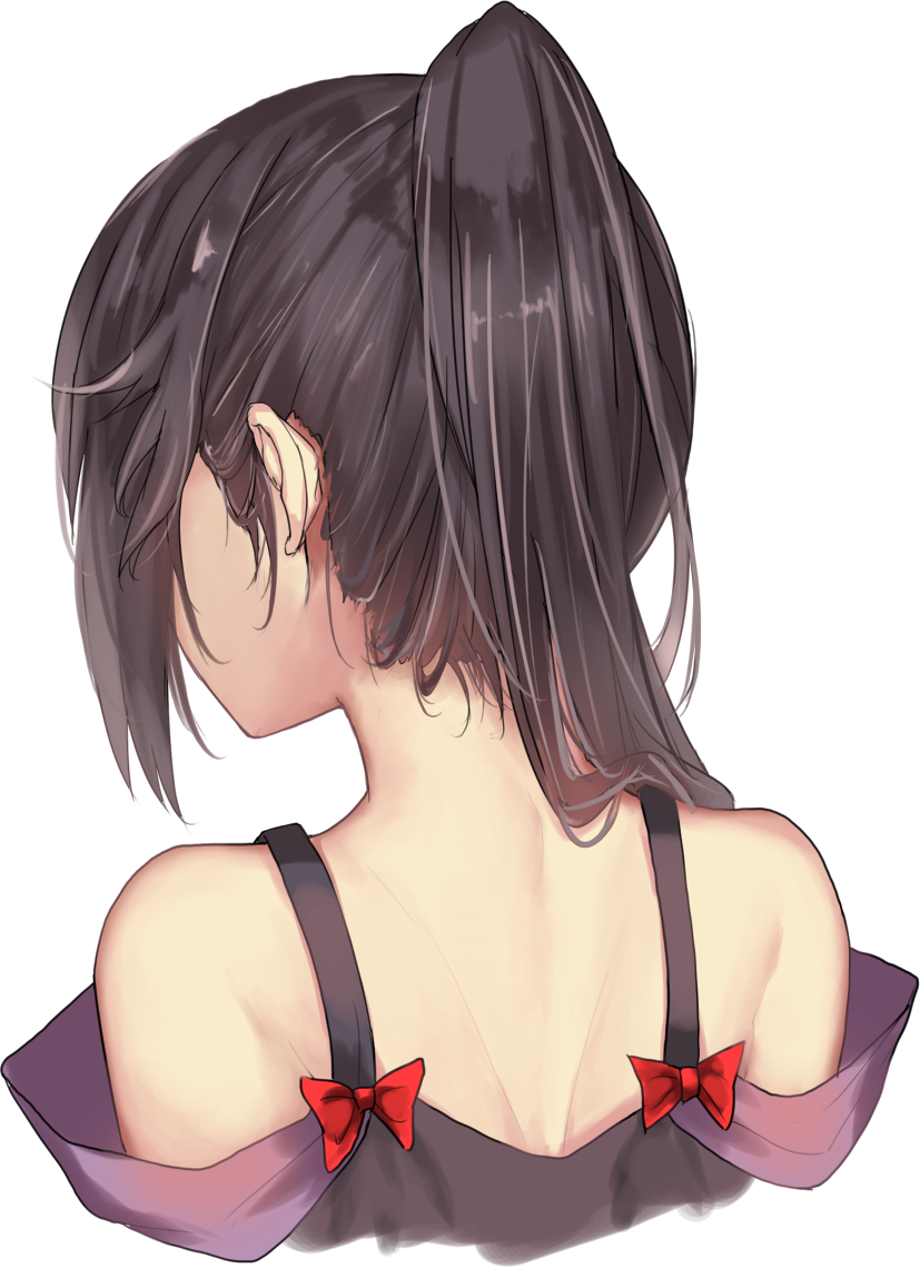 1boy bare_shoulders black_hair bow commentary_request cropped_torso facing_away from_behind high_ponytail long_hair nape original otoko_no_ko red_bow shoulder_blades sidelocks simple_background upper_body weiyinji_xsk white_background