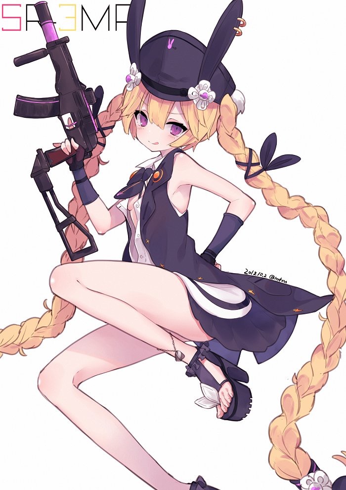 1girl animal_ears animal_hat bangs black_footwear black_gloves black_hat black_jacket black_neckwear black_ribbon black_skirt blonde_hair blush braid breasts bunny_hat character_name closed_mouth dated dress_shirt elbow_gloves eyebrows_visible_through_hair fingerless_gloves girls_frontline gloves gun hair_between_eyes hair_ribbon hat head_tilt holding holding_gun holding_weapon jacket licking_lips long_hair looking_at_viewer mimelond object_namesake open_clothes open_jacket open_shirt platform_footwear platform_heels rabbit_ears ribbon shirt sidelocks simple_background skirt sleeveless sleeveless_jacket sleeveless_shirt small_breasts smile solo sr-3mp sr-3mp_(girls_frontline) toenails tongue tongue_out twin_braids twintails twitter_username very_long_hair violet_eyes weapon white_background white_shirt