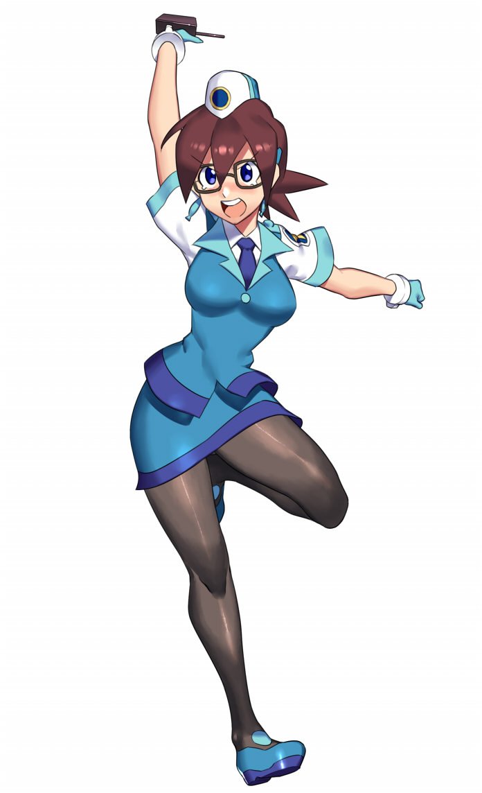 1girl arm_up bangs black_legwear blue_eyes blue_footwear blue_neckwear blue_skirt blush breasts brown_hair capcom denise_marmalade earrings female fish_earrings full_body glasses glasses_day gloves hair_between_eyes hat jewelry large_breasts leg_up miniskirt necktie open_mouth outstretched_arms pantyhose police police_uniform rockman rockman_dash shoes short_hair short_sleeves simple_background skirt solo standing standing_on_one_leg teeth ukimukai uniform white_background