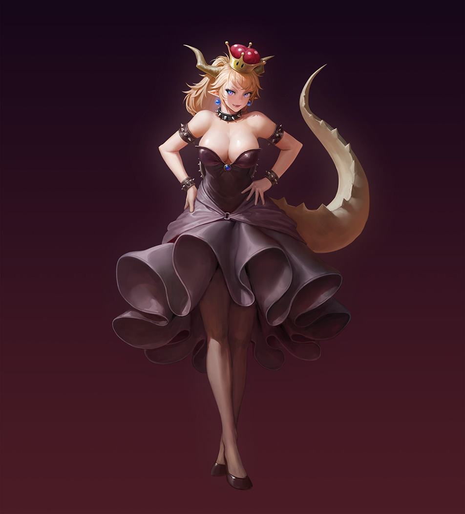 1girl banajune blonde_hair blue_eyes bowsette bracelet breasts cleavage collar crossed_legs crown dress full_body hands_on_hips horns jewelry legs_crossed long_hair looking_at_viewer new_super_mario_bros._u_deluxe nintendo pointy_ears ponytail solo spiked_armlet spiked_bracelet spiked_collar spiked_tail spikes standing strapless strapless_dress super_crown super_mario_bros. tail watson_cross white_background