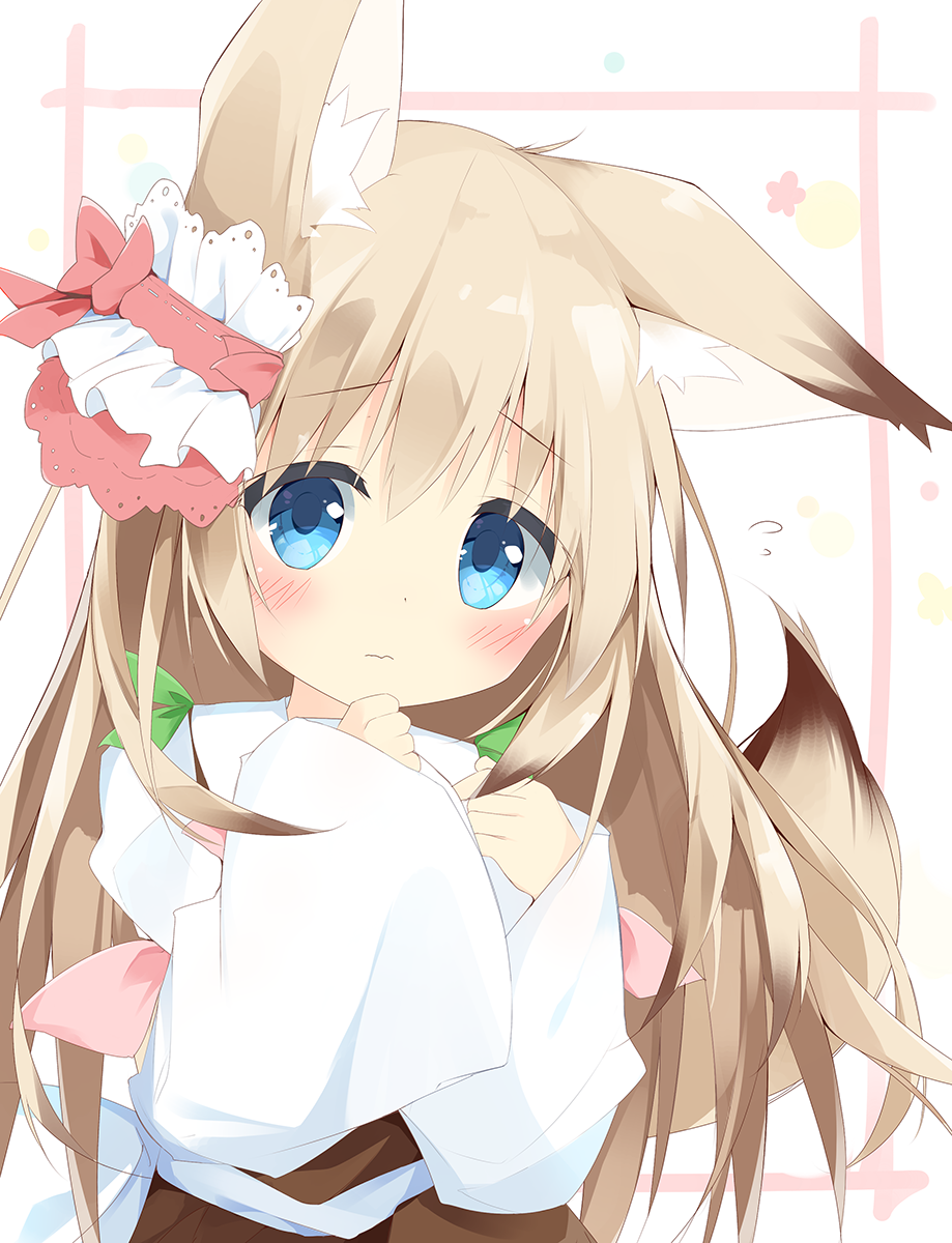 1girl animal_ear_fluff animal_ears bangs blue_eyes blush bow closed_mouth commentary_request eyebrows_visible_through_hair flying_sweatdrops fox_ears fox_girl fox_tail hair_between_eyes hair_ornament hands_up head_tilt highres kushida_you light_brown_hair long_hair long_sleeves original red_bow shirt sleeves_past_wrists solo tail tail_raised wavy_mouth white_background white_shirt wide_sleeves