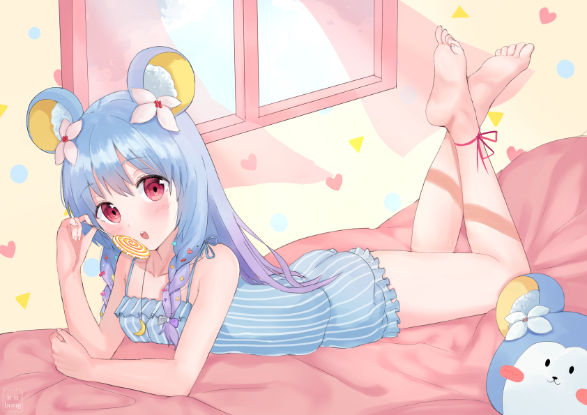1girl animal_ear_fluff animal_ears bangs bare_arms bare_shoulders barefoot bear_ears bed_sheet blue_camisole blue_flower blue_hair blue_shorts blue_sky blush blush_stickers braid camisole candy clouds cloudy_sky collarbone commentary_request crescent crescent_necklace curtains day eyebrows_visible_through_hair fingernails flower food gradient_hair hair_between_eyes hair_flower hair_ornament hand_up head_tilt heart holding holding_food holding_lollipop jewelry kubong lollipop long_hair looking_at_viewer lying multicolored_hair necklace on_stomach open_mouth original pink_flower purple_hair red_eyes red_ribbon ribbon short_shorts shorts side_braids sky soles solo striped swirl_lollipop the_pose transparent twin_braids vertical-striped_shorts vertical_stripes window