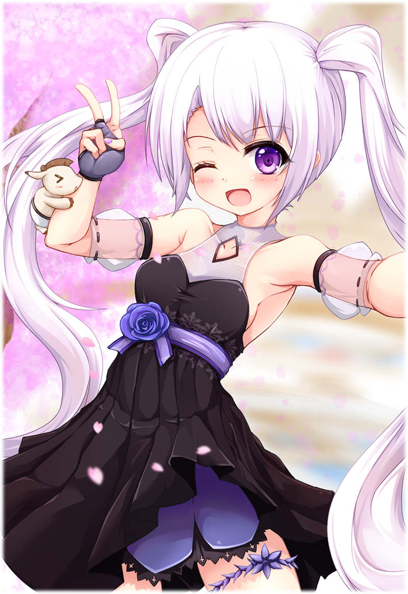 &gt;o&lt; 1girl aisha_(elsword) armpits bare_shoulders blush breasts cat_and_rabbit cherry_blossoms collarbone elsword eyebrows_visible_through_hair flower long_hair looking_at_viewer medium_breasts nail_polish one_eye_closed open_mouth petals phoru_(elsword) rose smile solo twintails violet_eyes white_hair