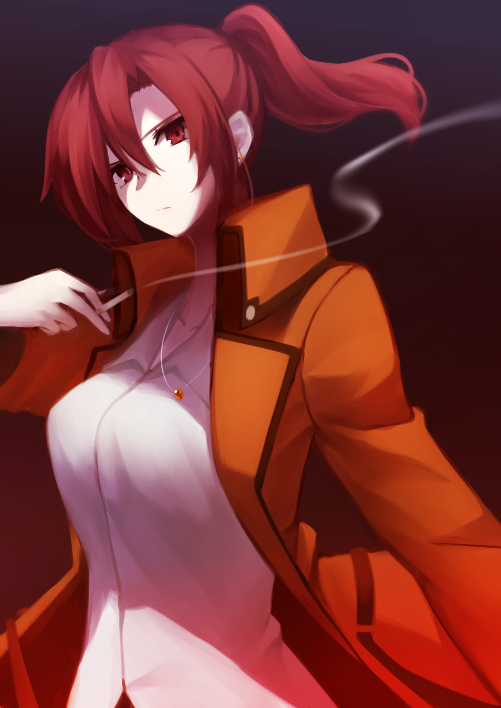 1girl aozaki_touko breasts brown_coat cigarette coat dress_shirt eyebrows_visible_through_hair hair_between_eyes highres kara_no_kyoukai long_hair medium_breasts okakasushi ponytail red_eyes redhead shirt simple_background smoking solo white_shirt