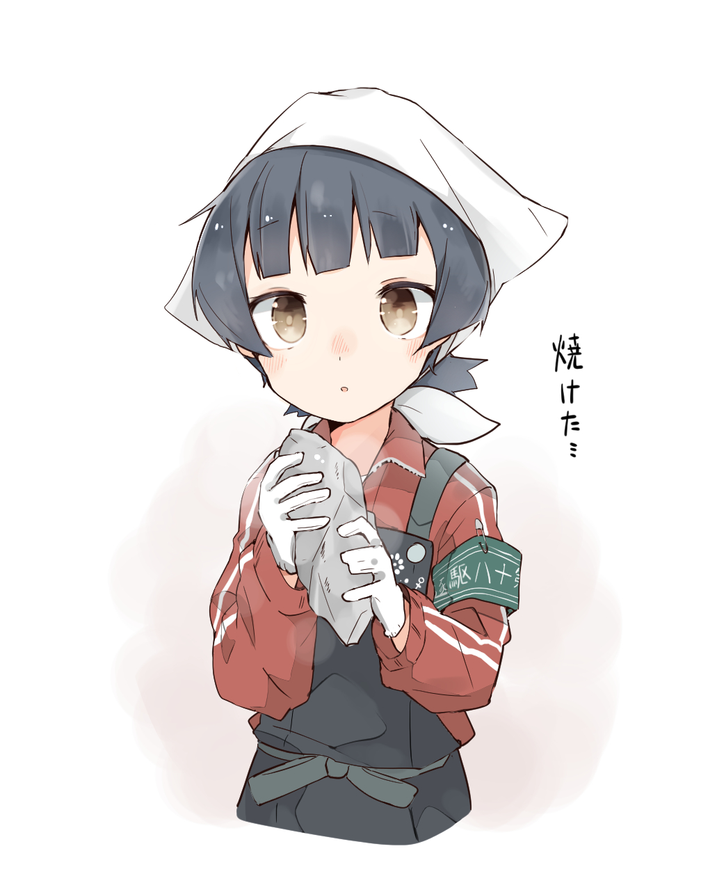 1girl :o arare_(kantai_collection) armband bangs black_hair blunt_bangs brown_background brown_eyes collared_jacket commentary_request eyebrows_visible_through_hair food gloves gradient gradient_background hands_up head_scarf head_tilt highres holding holding_food jacket kantai_collection long_hair long_sleeves looking_at_viewer ooyama_imo overalls parted_lips red_jacket safety_pin solo sweet_potato translated white_background white_gloves yakiimo