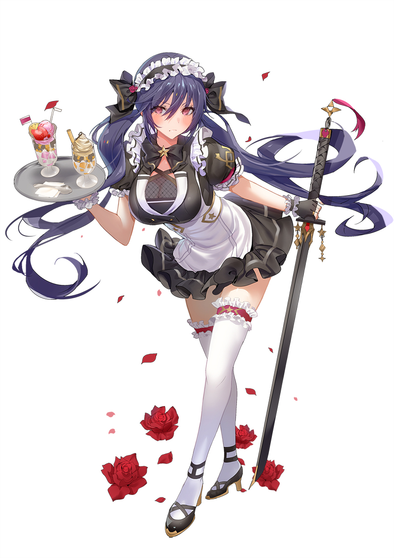 1girl apron bangs black_bow black_gloves blush bow breasts dress fingerless_gloves frilled_hairband frilled_legwear frilled_sleeves frills full_body gloves hair_between_eyes hair_bow hairband holding holding_weapon katana large_breasts leaning_forward lloule long_hair looking_at_viewer maid maid_headdress original parfait petals puffy_short_sleeves puffy_sleeves purple_hair short_sleeves simple_background solo spoon sword thigh-highs tray twintails violet_eyes weapon white_background white_legwear wrist_cuffs zettai_ryouiki