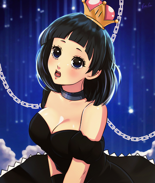 1girl bangs black_dress black_eyes black_gloves black_hair blunt_bangs breasts chains cleavage collar commentary crown detached_sleeves dress english_commentary esther gloves looking_at_viewer super_mario_bros. medium_breasts medium_hair new_super_mario_bros._u_deluxe nintendo nose open_mouth princess_chain_chomp revision sharp_teeth solo strapless strapless_dress super_crown teeth