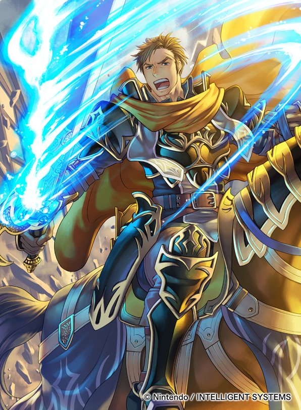 1boy armor belt blue_armor blue_eyes blue_fire blue_footwear brown_gloves brown_hair cape collar copyright_name debris fire fire_emblem fire_emblem:_souen_no_kiseki fire_emblem_cipher gauntlets gawain_(fire_emblem) gloves greaves greil holding holding_sword holding_weapon horseback_riding house kita_senri male_focus nintendo official_art open_mouth riding rubble serious solo sword teeth weapon yellow_cape younger