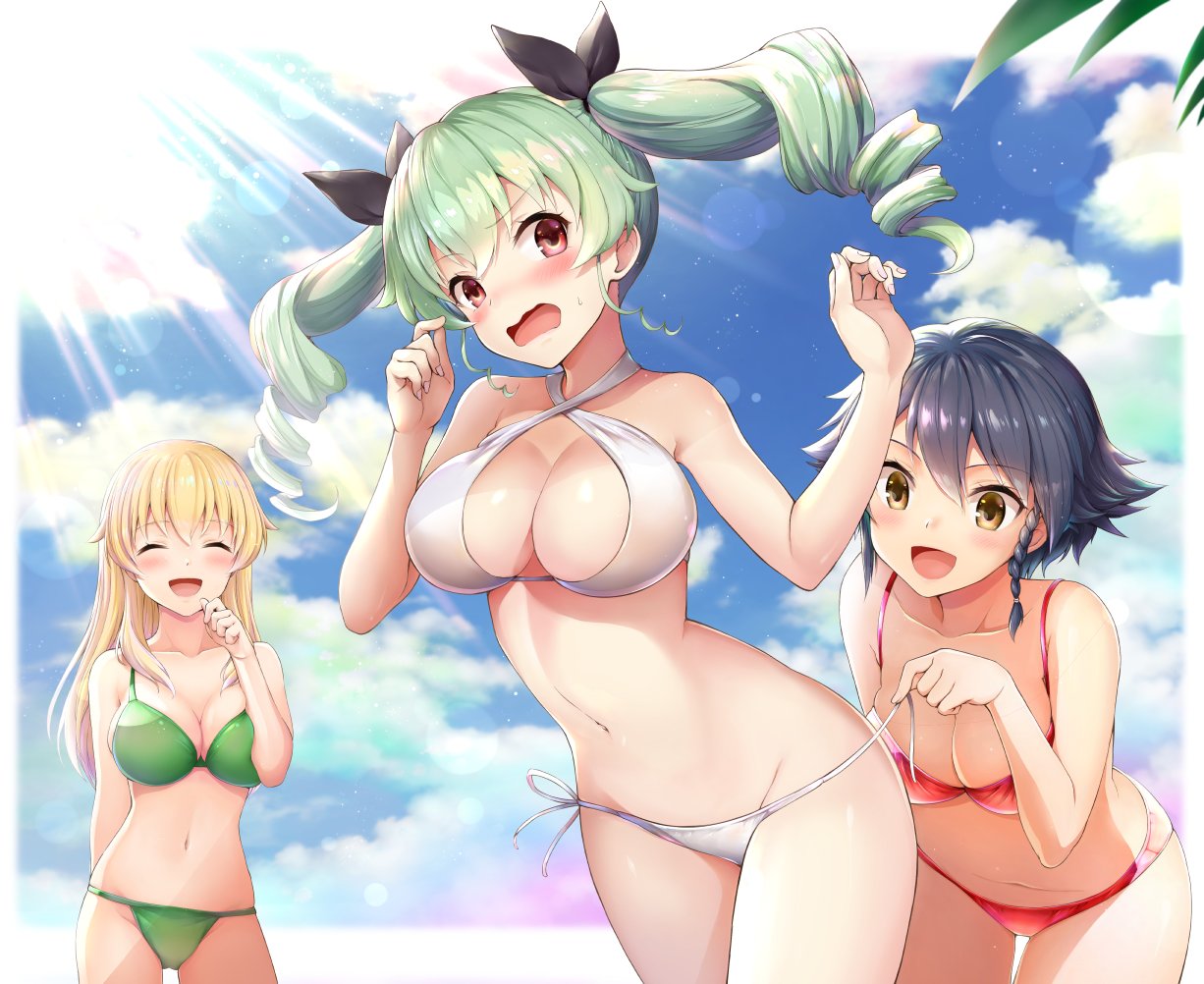 3girls :d ^_^ anchovy assisted_exposure bikini black_hair blonde_hair blue_sky blush braid breasts brown_eyes carpaccio chacharan cleavage closed_eyes closed_eyes cowboy_shot criss-cross_halter day drill_hair embarrassed eyebrows_visible_through_hair girls_und_panzer green_bikini green_hair halterneck hand_to_own_mouth large_breasts medium_breasts multiple_girls navel open_mouth outdoors pepperoni_(girls_und_panzer) red_bikini red_eyes short_hair side-tie_bikini side_braid sky smile sunlight sweatdrop swimsuit twin_drills twintails untying wavy_mouth white_bikini