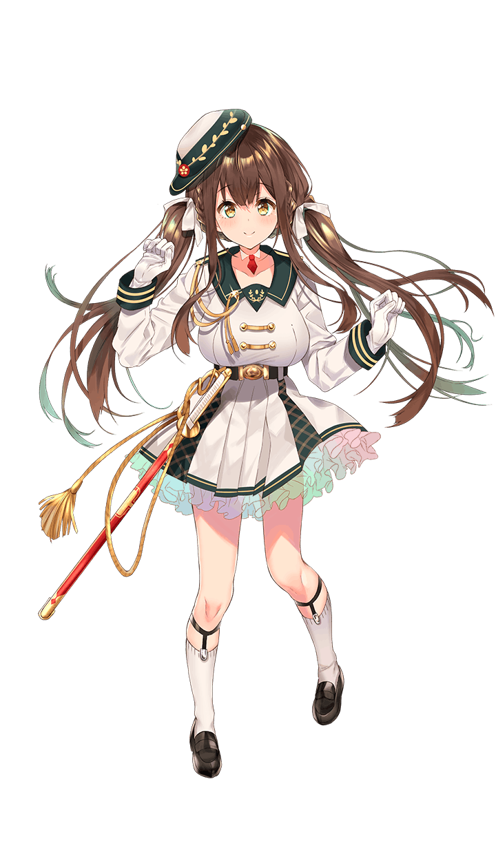1girl belt breasts brown_eyes brown_hair character_request collarbone formation_girls full_body hair_ornament hat highres large_breasts looking_at_viewer military military_uniform official_art sheath sheathed shoes smile solo sword transparent_background twintails uniform weapon