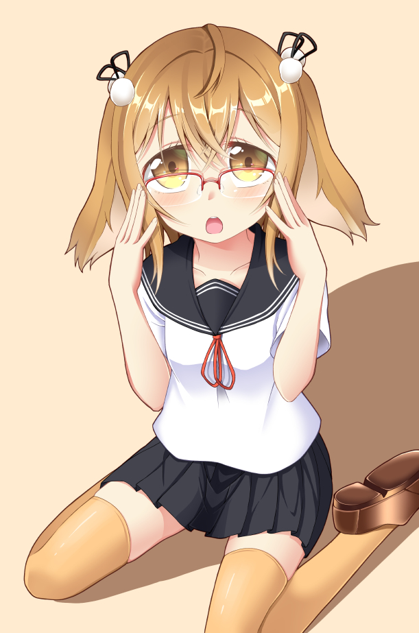 1girl animal_ears bangs bespectacled black_ribbon black_sailor_collar black_skirt blush brown_background brown_eyes brown_footwear brown_hair brown_legwear collarbone dog_ears eyebrows_visible_through_hair glasses hair_between_eyes hair_ribbon haneru_channel haneru_inaba loafers looking_at_viewer neck_ribbon over-rim_eyewear pleated_skirt red-framed_eyewear red_ribbon ribbon sailor_collar school_uniform semi-rimless_eyewear serafuku shadow shirt shoe_soles shoes short_sleeves sidelocks sitting skirt solo thigh-highs tsunsuki_(naobe009) virtual_youtuber wariza white_shirt