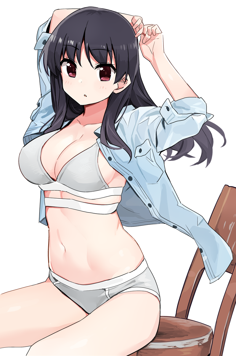 1girl arms_up bangs black_hair blue_shirt blush bra breasts chair cleavage collarbone collared_shirt dress_shirt eyebrows_visible_through_hair grey_bra grey_panties hair_between_eyes highres large_breasts long_hair looking_at_viewer navel on_chair open_clothes open_shirt panties parted_lips red_eyes saki saki_achiga-hen shimizudani_ryuuka shirt shisoneri short_sleeves simple_background sitting solo underwear white_background