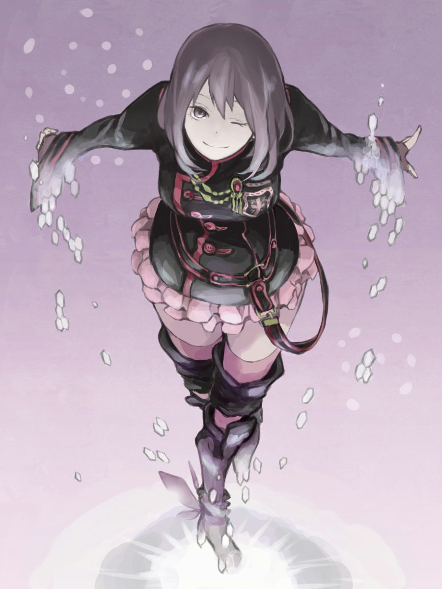 1girl bangs black_footwear black_jacket boots commentary_request d.gray-man double_horizontal_stripe eyebrows_visible_through_hair frilled_skirt frills hagi highres jacket knee_boots legs lenalee_lee long_sleeves looking_at_viewer one_eye_closed pink_legwear pink_skirt purple_background purple_hair short_hair skirt solo standing thigh-highs violet_eyes