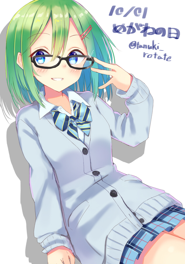 1girl blue_eyes blue_skirt blush bow collared_shirt eyebrows_visible_through_hair glasses green_hair hair_ornament hairclip looking_at_viewer original parted_lips shirai_tanuki shirt short_hair skirt smile solo takeda_emi teeth twitter_username