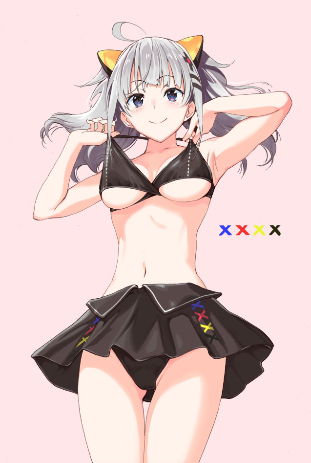 1girl adjusting_clothes ahoge armpits arms_up ass_visible_through_thighs bangs bikini bikini_skirt black_bikini blue_eyes blush breasts closed_mouth cowboy_shot eyebrows_visible_through_hair hair_ornament hairclip kaguya_luna kaguya_luna_(character) long_hair medium_breasts metallican navel shiny shiny_hair smile solo stomach swimsuit thigh_gap thighs twintails under_boob virtual_youtuber