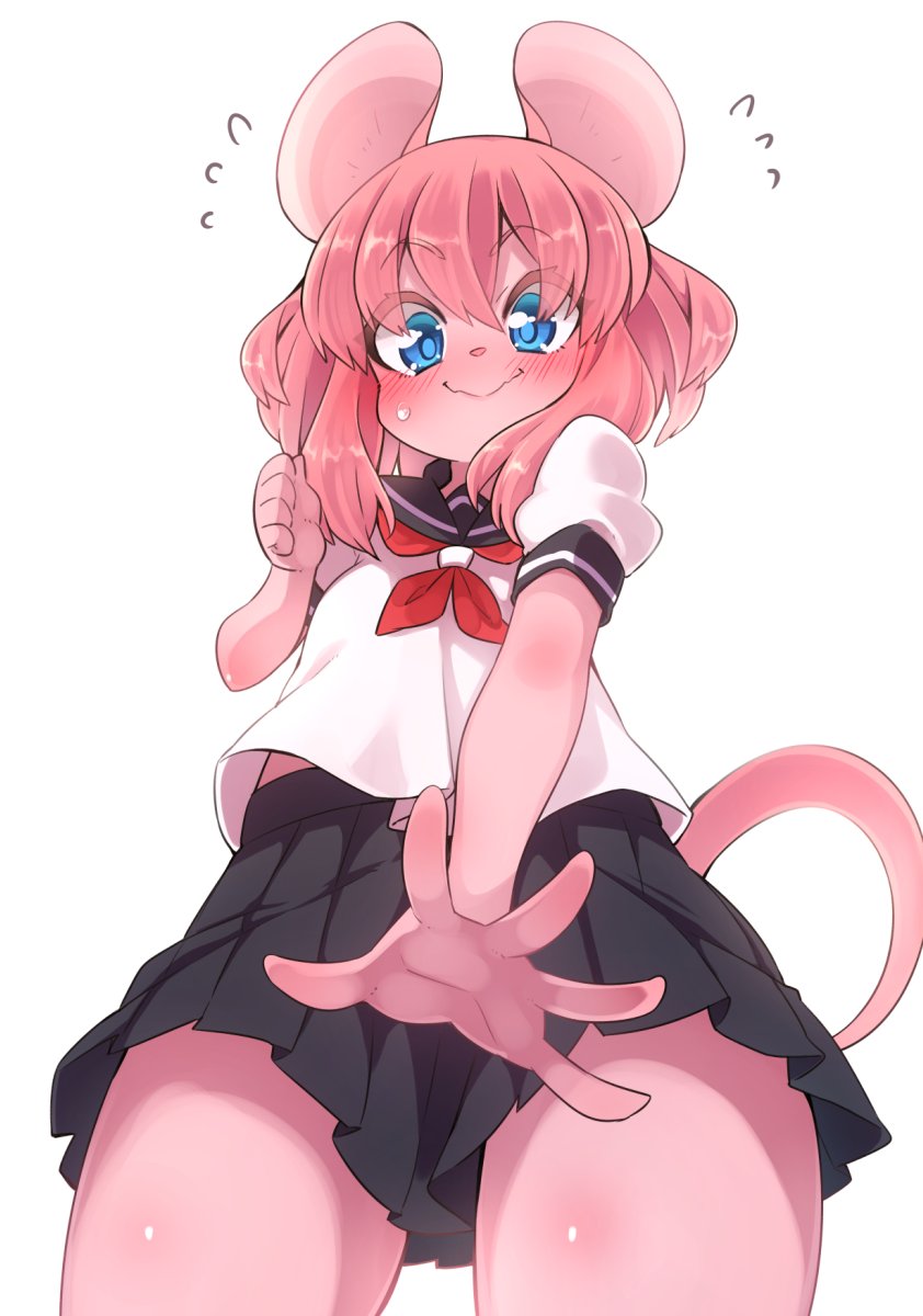 1girl animal_ears black_skirt blush clenched_hand covering covering_crotch embarrassed flying_sweatdrops furry highres mouse_ears mouse_tail nervous_smile original outstretched_arm outstretched_hand pink_hair school_uniform serafuku shirt short_hair simple_background skirt smile solo tail thighs white_background white_shirt yuuki_(yuyuki000)