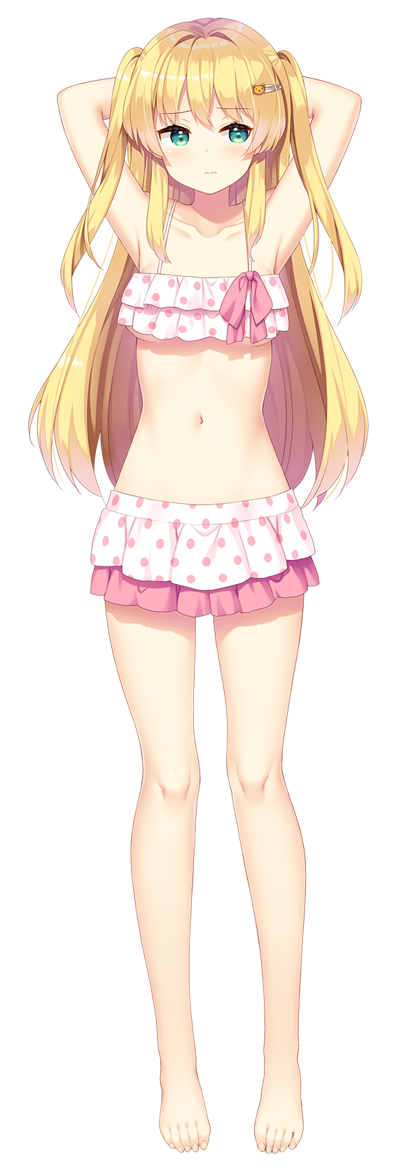 1girl arms_behind_head arms_up barefoot bekotarou bikini bikini_skirt blonde_hair blush boku_no_amayakase_ikatsu breasts collarbone eyebrows_visible_through_hair full_body green_eyes hair_intakes hair_ornament hairclip hasekura_eiru highres long_hair navel official_art pink_bikini polka_dot polka_dot_bikini shy solo spaghetti_strap swimsuit transparent_background two_side_up under_boob