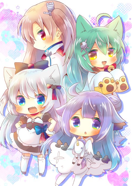 4girls :3 :d :o ahoge akashi_(azur_lane) animal_ears azur_lane bangs black_bow black_dress black_ribbon black_sailor_collar blue_eyes blush bow braid brown_eyes brown_hair capelet cat_ears chibi cleveland_(azur_lane) closed_mouth commentary_request criss-cross_halter detached_sleeves dress eyebrows_visible_through_hair fang green_hair hair_between_eyes hair_bun hair_flaps hair_ornament hair_ribbon halterneck hammann_(azur_lane) kouu_hiyoyo long_hair long_sleeves multiple_girls object_hug one_side_up open_mouth pantyhose parted_lips puffy_short_sleeves puffy_sleeves purple_hair red_eyes remodel_(azur_lane) ribbon sailor_collar sailor_dress short_sleeves side_bun sidelocks silver_hair sleeves_past_fingers sleeves_past_wrists smile stuffed_alicorn thigh-highs unicorn_(azur_lane) very_long_hair violet_eyes white_capelet white_dress white_legwear