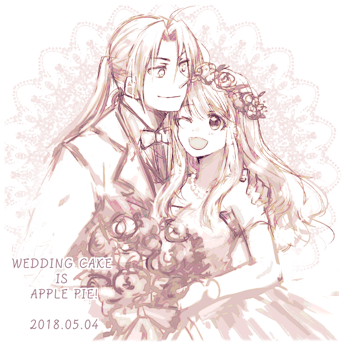 1boy 1girl 2018 ;d bangs bare_shoulders bouquet couple dated dress edward_elric elbow_gloves english eyebrows_visible_through_hair floating_hair flower formal fullmetal_alchemist gloves hands_on_another's_shoulders happy head_wreath height_difference hetero holding honeycomb_(pattern) honeycomb_background jewelry long_hair looking_at_another looking_down looking_up monochrome necklace necktie one_eye_closed open_mouth pearl_necklace shaded_face simple_background smile suit text_focus tsukuda0310 wedding_dress white_background winry_rockbell