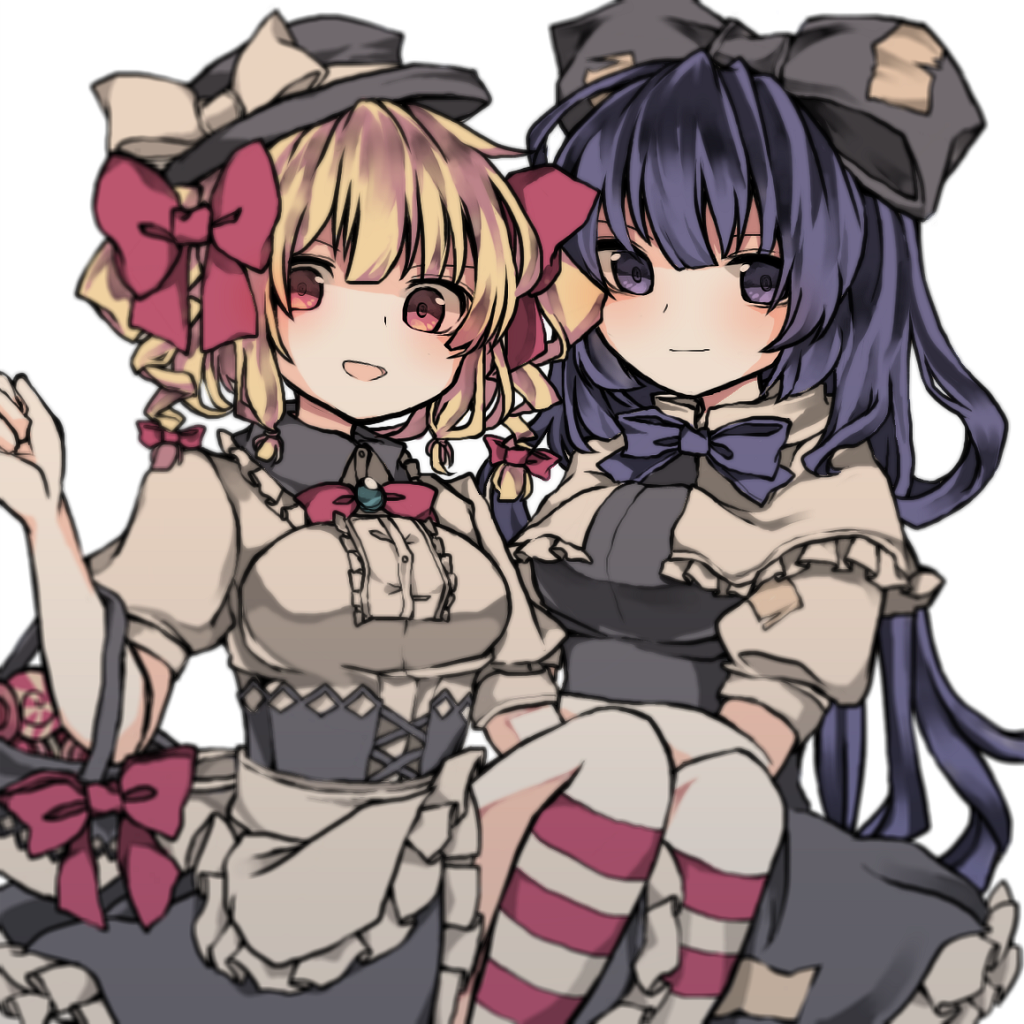 2girls bangs black_hair blonde_hair blush bow breasts closed_mouth dress frilled_dress frills hair_bow looking_at_viewer multiple_girls open_mouth purple_bow purple_neckwear red_bow red_eyes red_neckwear sato_imo short_hair short_sleeves sitting striped striped_legwear touhou violet_eyes white_background yorigami_jo'on yorigami_shion