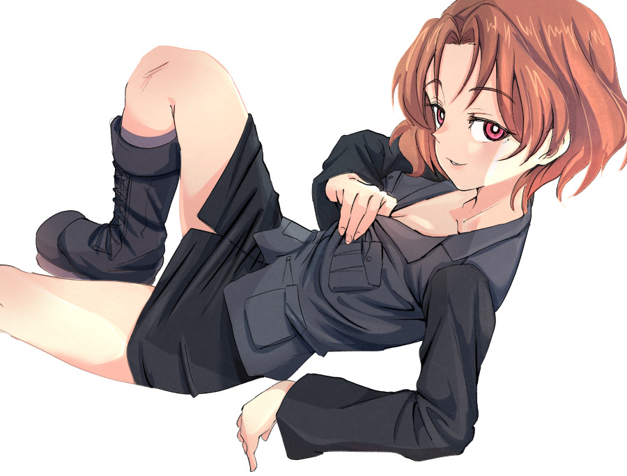 1girl alternate_eye_color arm_support azumi_(girls_und_panzer) bangs black_footwear black_jacket black_skirt boots brown_hair cross-laced_footwear eyebrows_visible_through_hair girls_und_panzer jacket jacket_pull lace-up_boots leaning_forward leg_up long_sleeves looking_at_viewer lying md5_mismatch military military_uniform miniskirt mituki_(mitukiiro) naughty_face on_back parted_bangs parted_lips pencil_skirt red_eyes selection_university_military_uniform short_hair simple_background skirt smile solo uniform white_background white_pupils