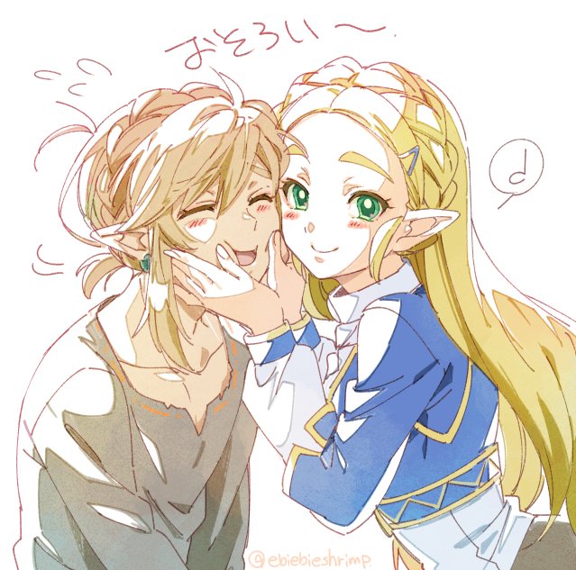 1boy 1girl blonde_hair blush_stickers braid cheek-to-cheek closed_eyes collarbone green_eyes hair_ornament hairclip hands_on_another's_cheeks hands_on_another's_face link long_hair long_sleeves looking_at_viewer musical_note nintendo open_mouth pointy_ears princess_zelda shirt short_hair shuri_(84k) simple_background smile spoken_musical_note sweatdrop the_legend_of_zelda the_legend_of_zelda:_breath_of_the_wild thick_eyebrows upper_body white_background