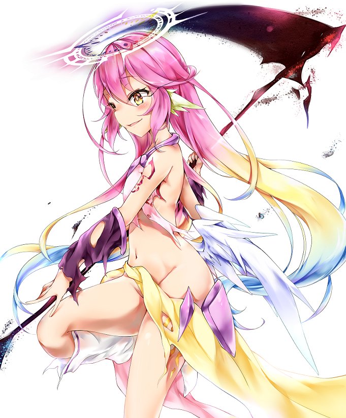 1girl angel_wings blush commentary_request crop_top cross evil_smile feathered_wings gradient_hair halo holding holding_weapon ikasoke_(likerm6au) jibril_(no_game_no_life) long_hair low_wings magic_circle multicolored multicolored_hair navel no_game_no_life no_panties open_mouth pink_hair scythe smile solo symbol-shaped_pupils tattoo torn_clothes very_long_hair weapon white_wings wing_ears wings younger