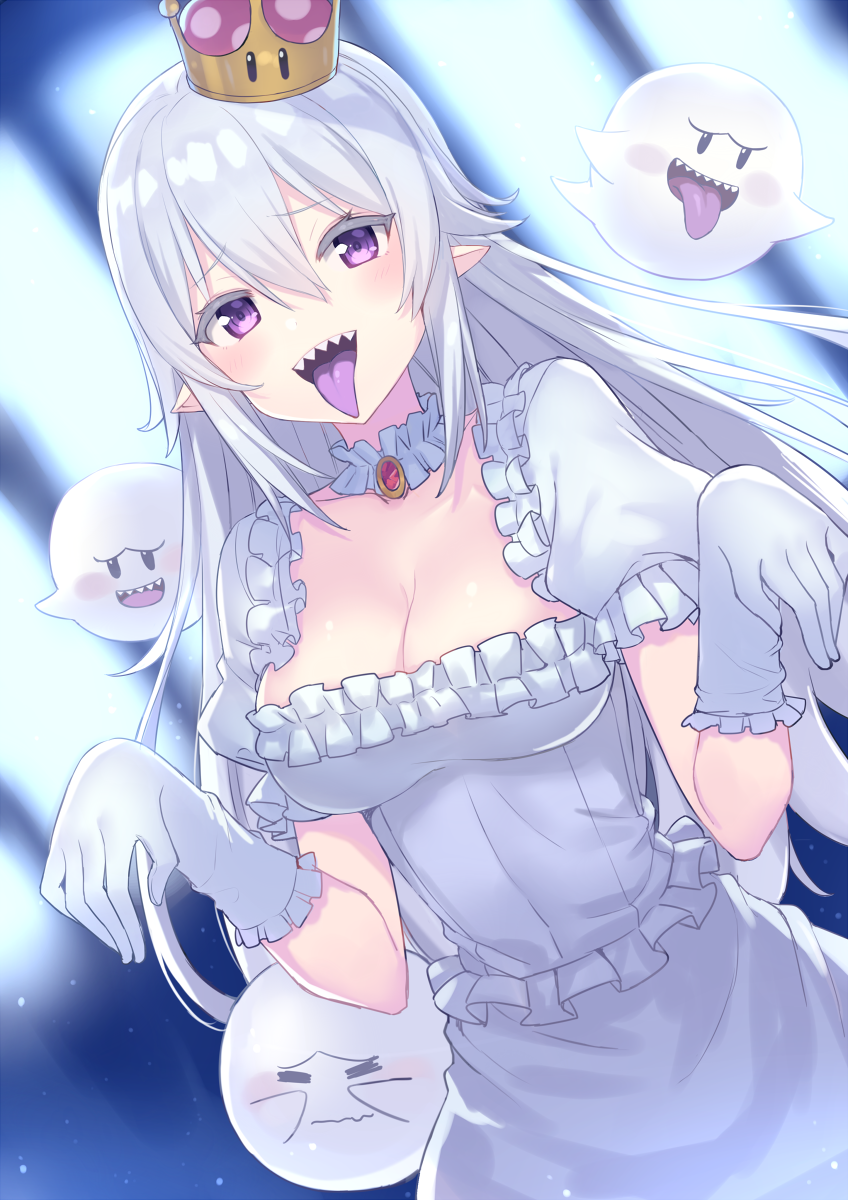1girl :d =_= bangs boo breasts brooch cleavage closed_eyes closed_mouth collarbone crown dress dutch_angle eyebrows_visible_through_hair furrowed_eyebrows ghost_pose gloves hair_between_eyes hajime_kaname highres jewelry looking_at_viewer luigi's_mansion super_mario_bros. medium_breasts mini_crown new_super_mario_bros._u_deluxe nintendo open_mouth pointy_ears princess_king_boo puffy_short_sleeves puffy_sleeves purple_tongue sharp_teeth short_sleeves silver_hair smile straight_hair super_crown teeth tilted_headwear tongue tongue_out violet_eyes wavy_mouth white_dress white_gloves