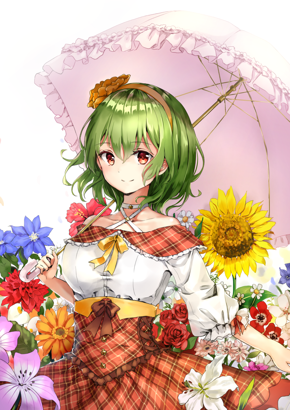 1girl adapted_costume bangs bare_shoulders blue_flower blush breasts collarbone commentary_request cowboy_shot criss-cross_halter eyebrows_visible_through_hair flower green_hair hair_between_eyes hairband halterneck highres holding holding_umbrella kazami_yuuka large_breasts leaf long_sleeves looking_at_viewer off-shoulder_shirt off_shoulder orange_flower pink_flower pink_umbrella plaid plaid_skirt puffy_sleeves red_eyes red_flower red_rose red_skirt ribbon rose shironeko_yuuki shirt short_hair simple_background skirt smile solo sunflower touhou umbrella white_background white_flower white_shirt yellow_flower yellow_hairband yellow_ribbon
