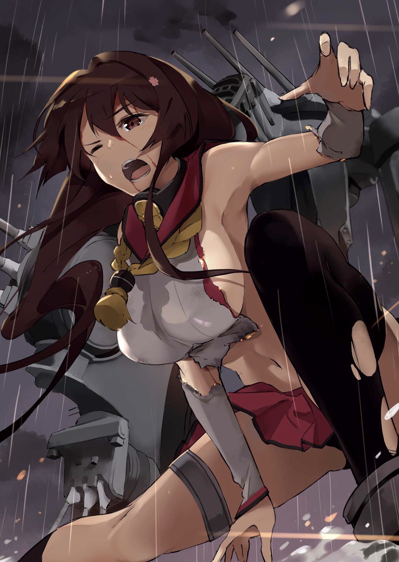 1girl arm_up arm_warmers armpits asymmetrical_legwear black_legwear blood breasts brown_eyes brown_hair collar flower grey_sky hair_down hair_flower hair_intakes hair_ornament highres kantai_collection large_breasts long_hair metal_collar muteki_soda navel one_eye_closed open_mouth outdoors red_skirt rigging sideboob single_thighhigh skirt smokestack solo splashing squatting standing standing_on_liquid thigh-highs thigh_strap torn_clothes turret very_long_hair yamato_(kantai_collection)