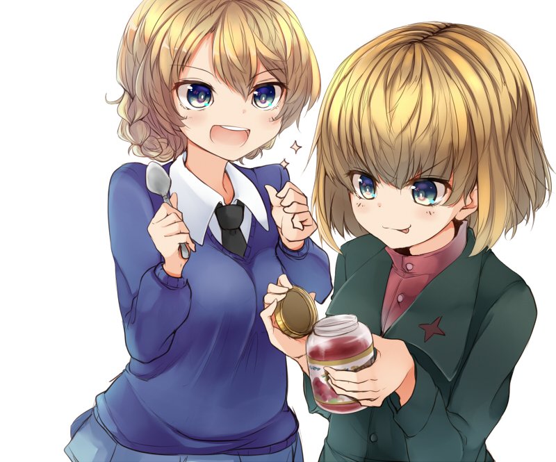 2girls :d :p amai_nekuta bangs black_neckwear blonde_hair blue_eyes blue_skirt blue_sweater clenched_hands closed_mouth commentary_request darjeeling dress_shirt emblem excited eyebrows_visible_through_hair fork girls_und_panzer green_jacket holding holding_fork holding_spoon jacket jam jar katyusha long_sleeves looking_at_another miniskirt multiple_girls necktie open_mouth pleated_skirt pravda_school_uniform red_shirt school_uniform shirt short_hair simple_background skirt smile sparkle spoon st._gloriana's_school_uniform standing sweater tied_hair tongue tongue_out turtleneck v-neck v-shaped_eyebrows white_background white_shirt wing_collar