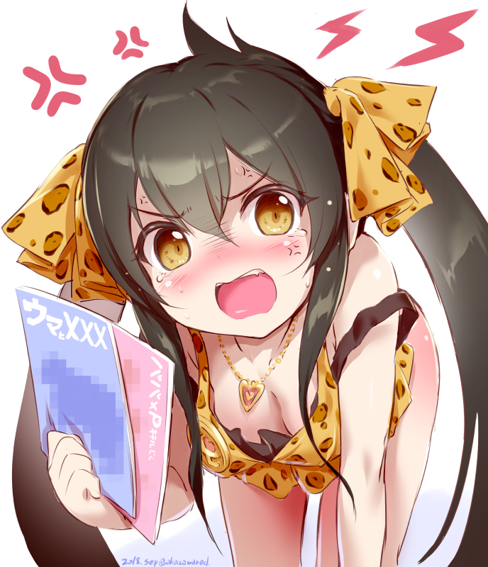 1girl akazawa_red anger_vein animal_print bangs black_hair blush book bottomless breasts cleavage hair_ribbon holding idolmaster idolmaster_cinderella_girls jewelry leopard_print long_hair looking_at_viewer matoba_risa necklace open_mouth ribbon simple_background solo tears twintails white_background yellow_eyes