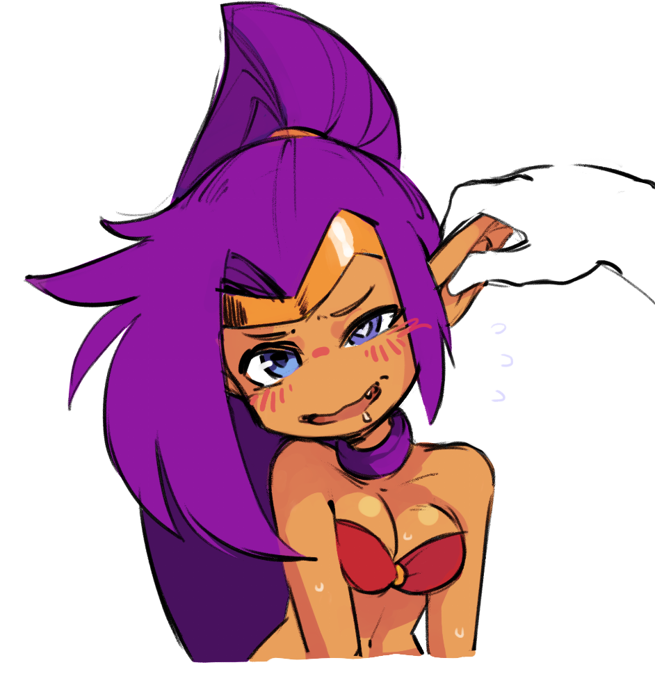 1girl blue_eyes borvar breasts cleavage commentary dark_skin drooling eargasm english_commentary fang flying_sweatdrops heart heart-shaped_pupils long_hair pointy_ears ponytail purple_hair rubbing shantae_(character) shantae_(series) solo_focus symbol-shaped_pupils tiara very_long_hair