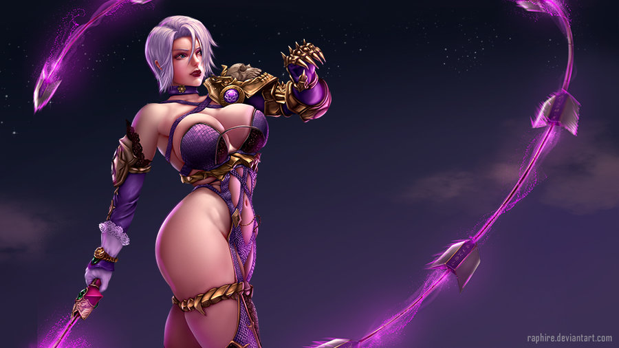 armor bare_shoulders breasts cleavage commentary english_commentary gauntlets glowing glowing_weapon hair_over_one_eye isabella_valentine large_breasts lipstick makeup pauldrons pinup purple_legwear raphire revealing_clothes short_hair sideboob silver_hair single_gauntlet soul_calibur sword thighs under_boob weapon whip whip_sword white_hair