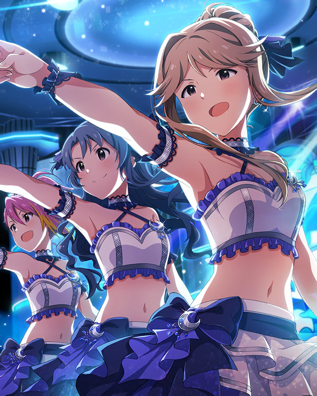 armpits blush brown_eyes brown_hair dress group idolmaster idolmaster_million_live! idolmaster_million_live!_theater_days long_hair maihama_ayumu smile takayama_sayoko tenkubashi_tomoka