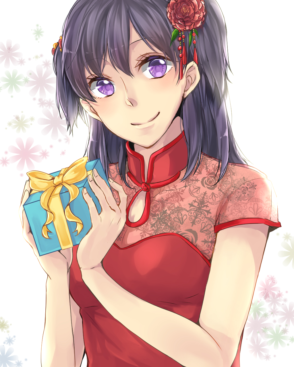 1girl akatsuki_kouya bangs black_hair closed_mouth commentary_request d.gray-man dress eyebrows_visible_through_hair floral_print flower gift hair_flower hair_ornament hands_up happy_birthday highres holding holding_gift lenalee_lee long_hair looking_at_viewer red_dress red_flower rose short_sleeves smile solo white_background
