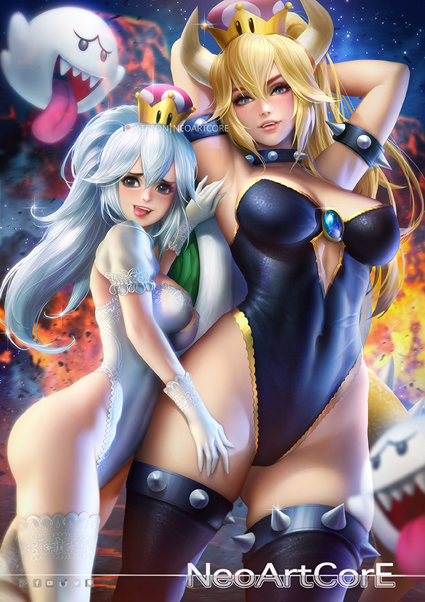 2girls arms_up ass black_hair bowsette breasts long_hair super_mario_bros. medium_breasts multiple_girls new_super_mario_bros._u_deluxe nintendo nudtawut_thongmai princess_king_boo signature silver_hair thigh-highs thighs tongue