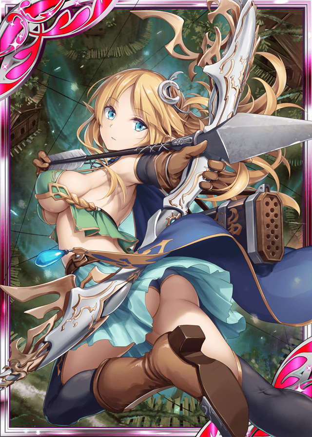 1girl akkijin archery armpits arrow ass blonde_hair blue_cape blue_eyes boots bow_(weapon) breasts brown_gloves cape card_(medium) cleavage elf flying gloves hair_ornament large_breasts official_art pointy_ears shinkai_no_valkyrie soles thigh-highs underwear weapon