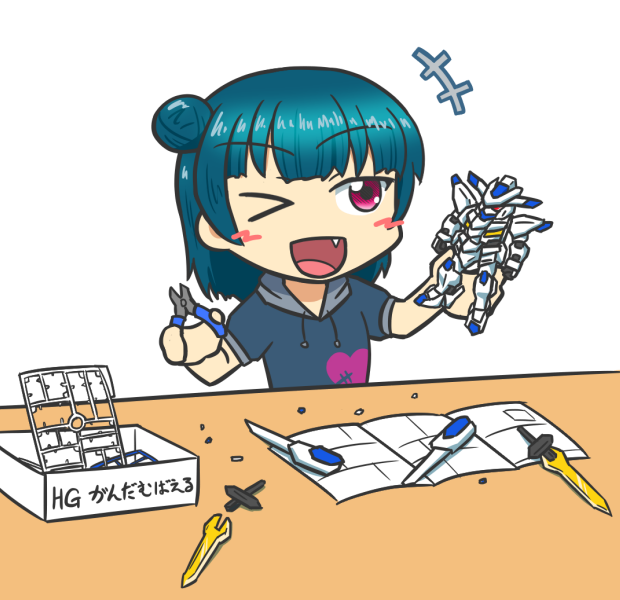 &gt;_o :d black_hair blush_stickers company_connection fang gundam gundam_bael gundam_tekketsu_no_orphans gunpla love_live! love_live!_sunshine!! model_building one_eye_closed open_mouth red_eyes shiroyama-san smile sunrise_(company) sweater table tsushima_yoshiko white_background