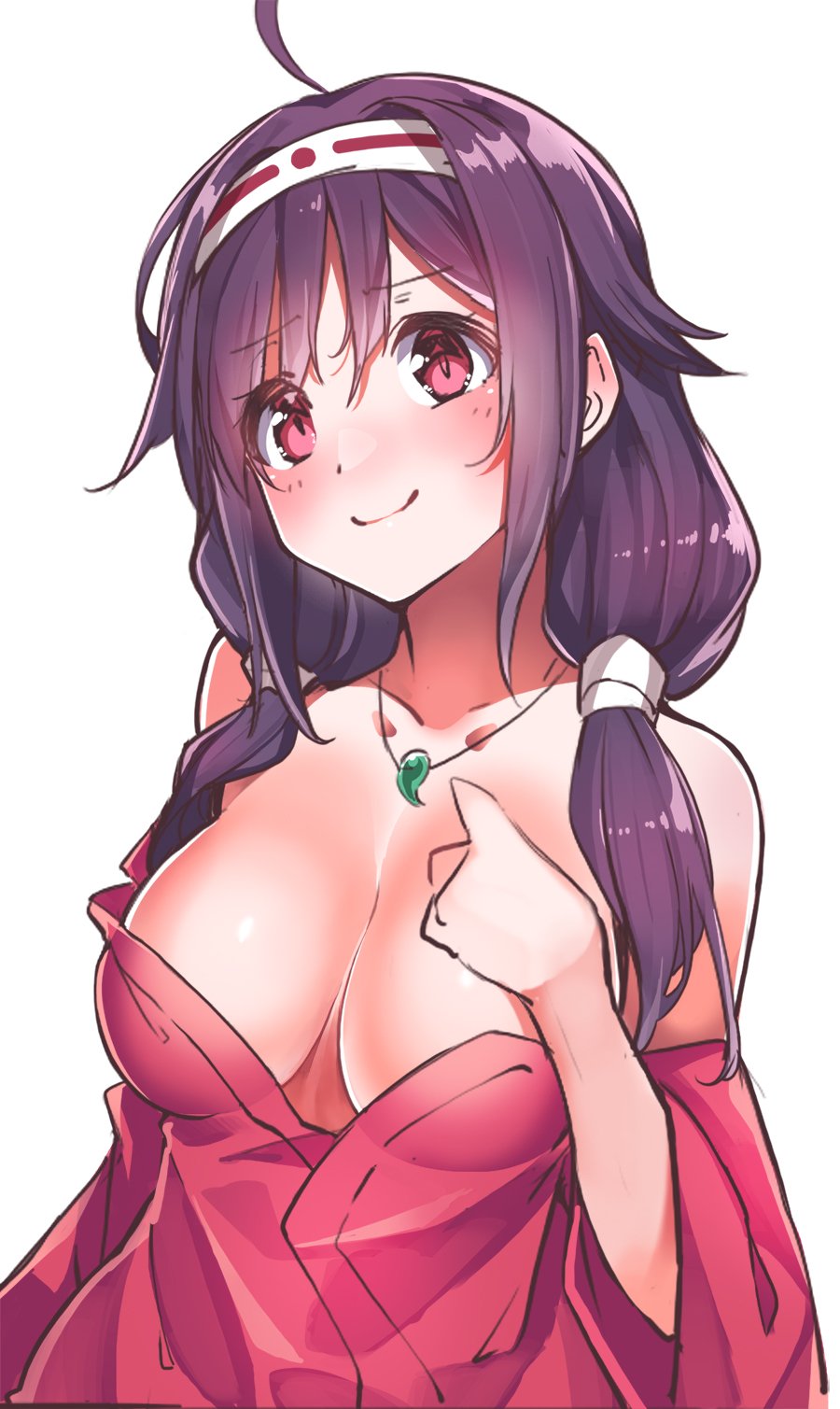 1girl alternate_costume blush breasts closed_mouth eyebrows_visible_through_hair hair_between_eyes headband highres japanese_clothes kantai_collection kimono konnyaku_(kk-monmon) large_breasts long_hair looking_at_viewer no_bra pink_eyes purple_hair remodel_(kantai_collection) ryuuhou_(kantai_collection) simple_background smile solo taigei_(kantai_collection) twitter_username white_background