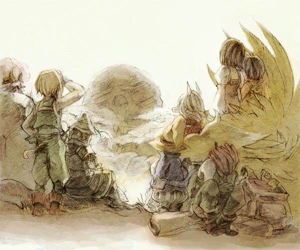 adelbert_steiner black_hair bodysuit commentary_request eiko_carol everyone final_fantasy final_fantasy_ix freija_crescent garnet_til_alexandros_xvii graphite_(medium) long_hair medium_hair multiple_boys multiple_girls orange_bodysuit quina_quen salamander_coral short_hair sumi_(nd60) traditional_media vivi_ornitier zidane_tribal