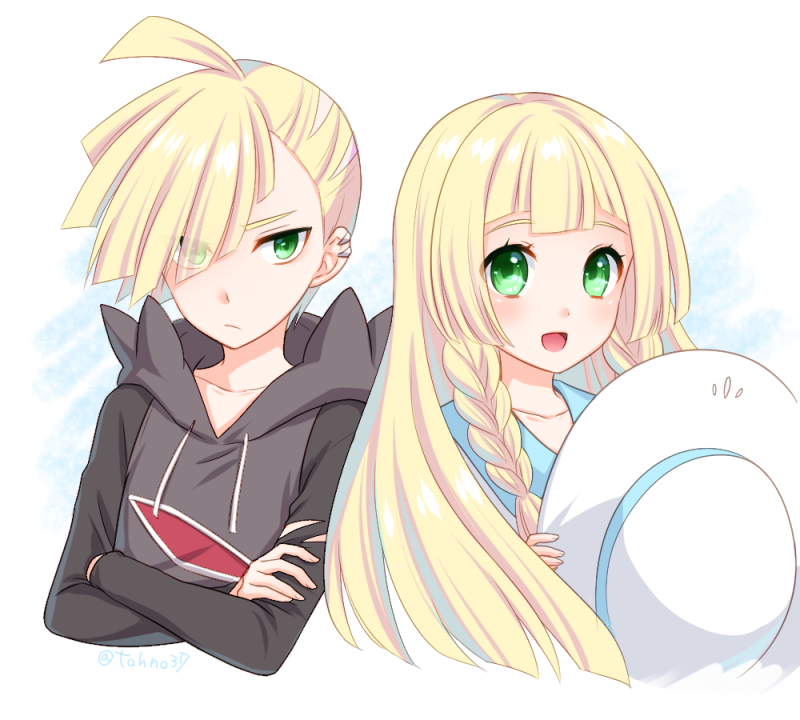 1boy 1girl blonde_hair braid brother_and_sister closed_mouth creatures_(company) crossed_arms game_freak gladio_(pokemon) green_eyes hair_over_one_eye hat holding holding_hat hood hood_down hoodie lillie_(pokemon) long_hair long_sleeves nintendo open_mouth pokemon pokemon_(game) pokemon_sm short_hair siblings stardrop sun_hat torn_clothes torn_sleeves twin_braids twitter_username white_hat