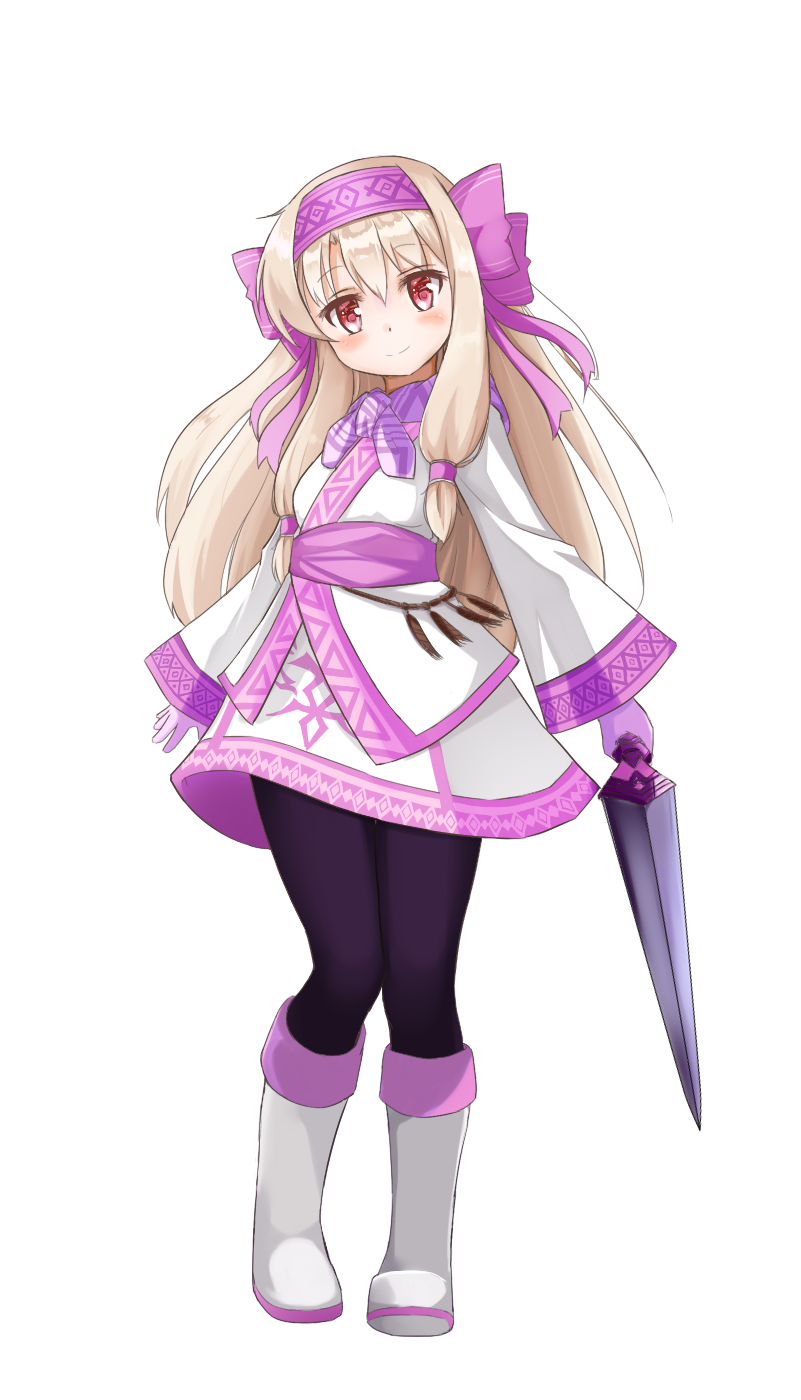 1girl bangs black_legwear blonde_hair boots bow d_z fate/grand_order fate_(series) gloves hair_bow hair_ribbon hairband highres holding holding_sword holding_weapon illyasviel_von_einzbern long_hair long_sleeves looking_at_viewer purple_bow purple_gloves purple_hairband red_eyes ribbon scarf simple_background sitonai smile solo sword weapon