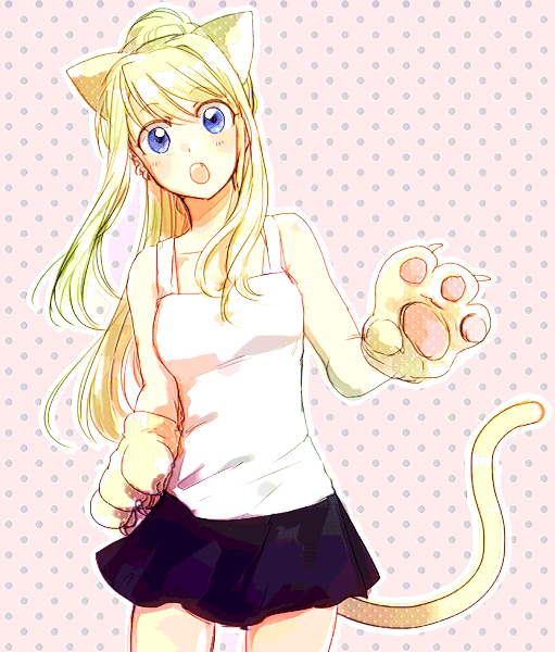 1girl :o animal_ears bangs bare_arms bare_shoulders blonde_hair blue_eyes blush blush_stickers cat_ears cat_paws cat_tail cowboy_shot expressionless eyebrows_visible_through_hair floating_hair fullmetal_alchemist head_tilt long_hair looking_at_viewer open_mouth paws pink_background polka_dot polka_dot_background ponytail shirt simple_background skirt sleeveless sleeveless_shirt solo standing tail teeth thighs tsukuda0310 upper_body white_shirt winry_rockbell