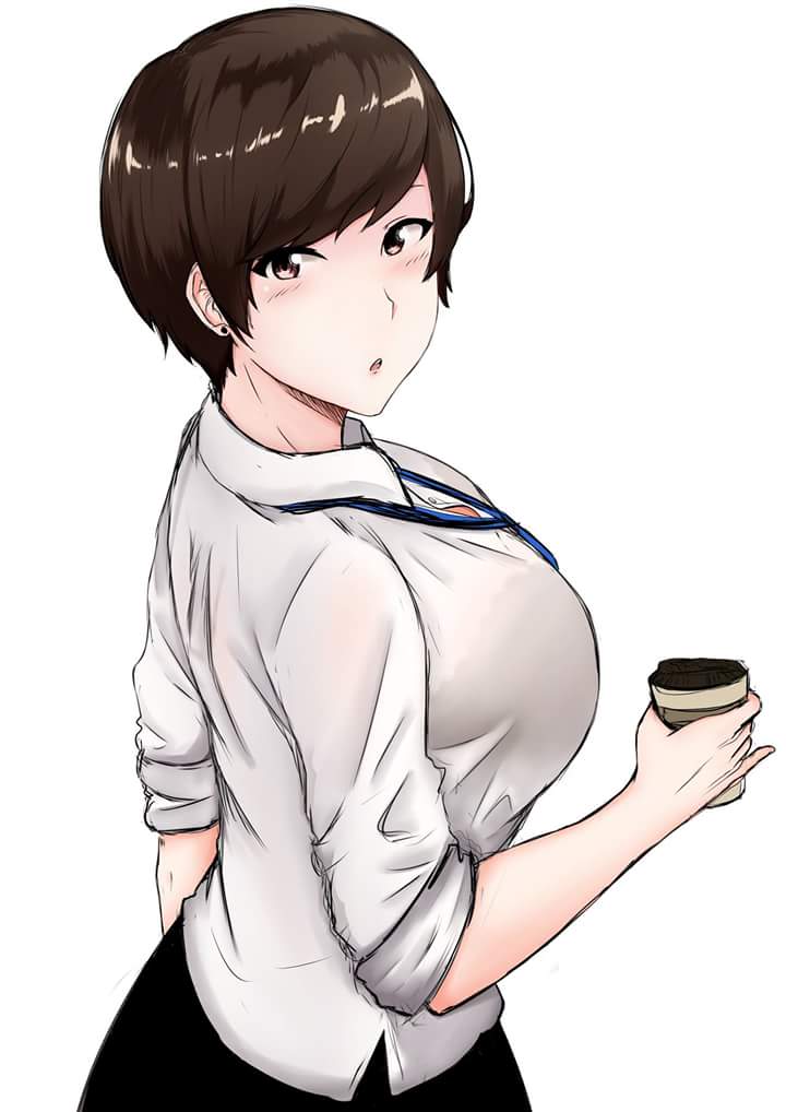 1girl :o badge bangs blush breasts brown_eyes brown_hair coffee_cup collared_shirt cup deroo disposable_cup dress_shirt earrings formal holding holding_cup id_card jewelry lanyard large_breasts looking_to_the_side miniskirt name_tag office_lady ol-chan_(norman_maggot) original parted_lips pencil_skirt pixie_cut shirt short_hair skirt sleeves_rolled_up swept_bangs white_shirt