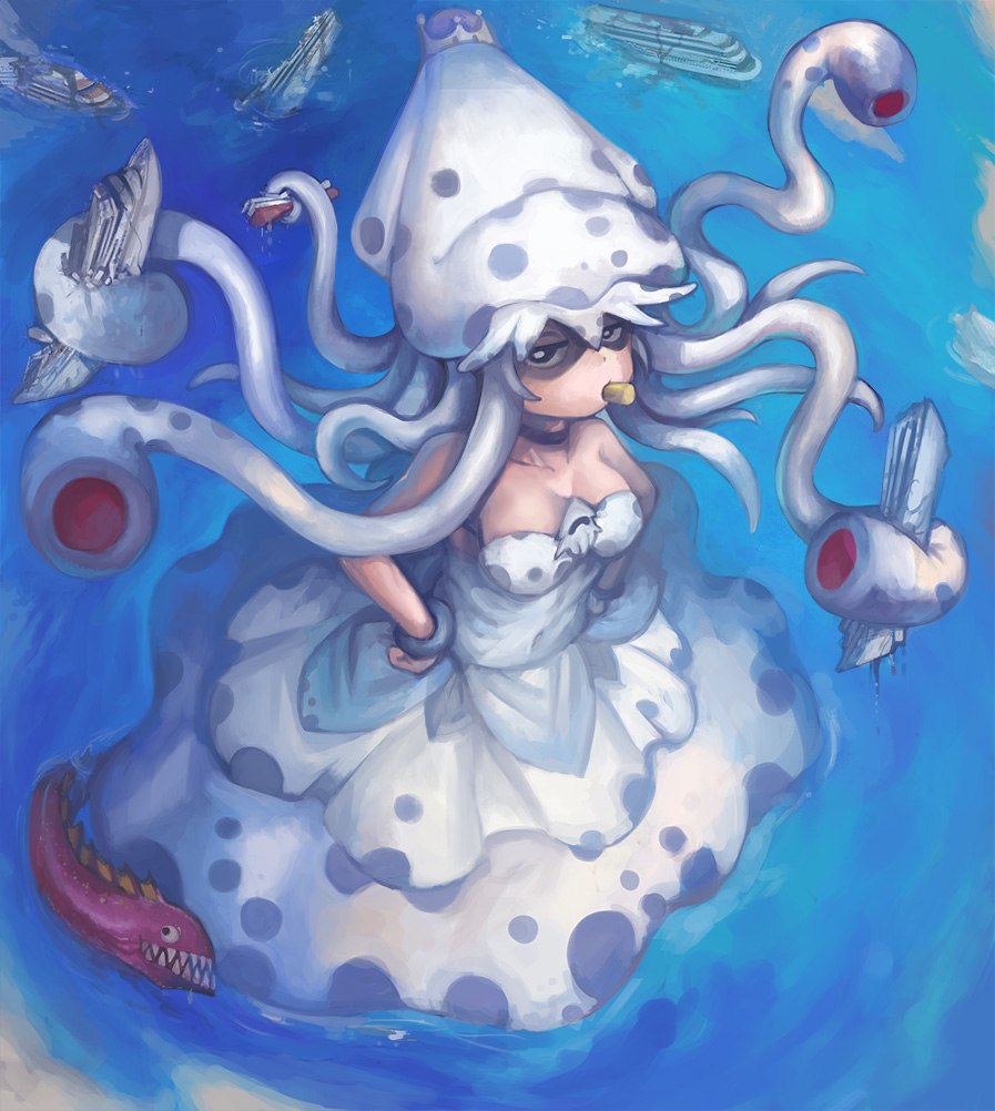 bare_shoulders black_choker black_eyes blooper bracelet breasts choker cruise_ship dress from_above full_body giantess hands_on_hips jewelry looking_at_viewer super_mario_bros. medium_breasts monster_girl new_super_mario_bros._u_deluxe nintendo ocean ocean_liner spotted_skirt standing super_crown tentacle_hair water white_dress yilx