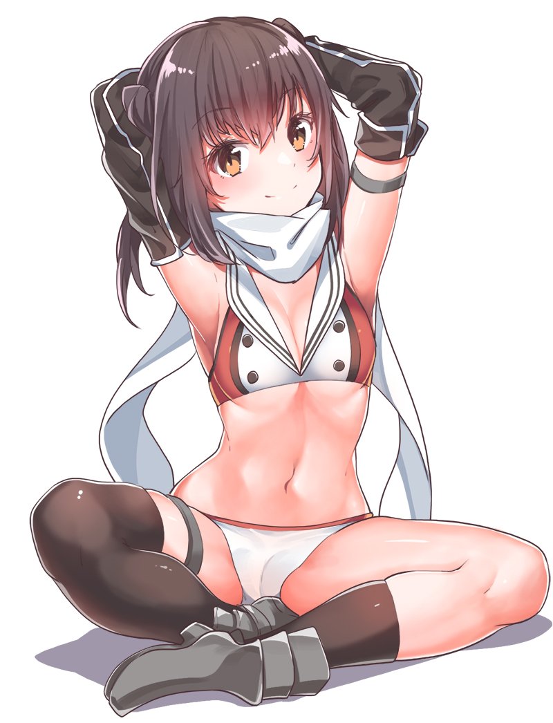 1girl alternate_costume armpits black_hair black_legwear blush boots breasts brown_eyes closed_mouth eyebrows_visible_through_hair hair_between_eyes kantai_collection konnyaku_(kk-monmon) looking_at_viewer medium_hair remodel_(kantai_collection) scarf sendai_(kantai_collection) shoes simple_background sitting small_breasts smile socks solo swimsuit twitter_username white_background white_scarf