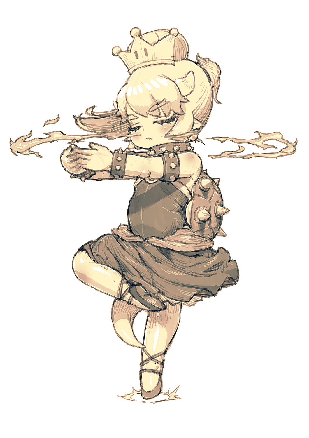 1girl ballerina ballet_slippers blush bowsette bracelet breathing_fire brooch closed_eyes collar dancing dress eyebrows_visible_through_hair feral_lemma fingers_together fire focused highres horns jewelry leg_up super_mario_bros. new_super_mario_bros._u_deluxe nintendo pointy_ears ponytail sepia shiny shiny_clothes shiny_hair shiny_skin short_eyebrows short_hair solo spiked_bracelet spiked_collar spiked_shell spikes spinning standing standing_on_one_leg strapless strapless_dress super_crown tail younger